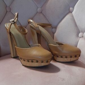 JustFab Tan Leather Platform Mules